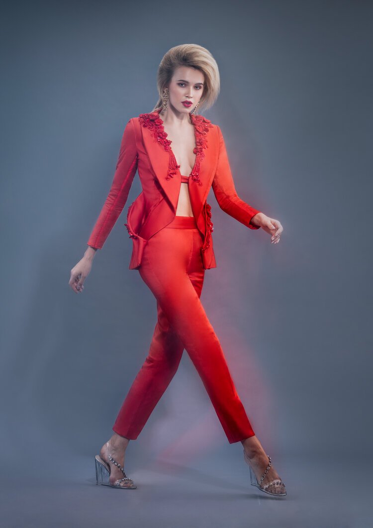 Fiery Red Structured twisted lapel Blazer pant set power dressing
