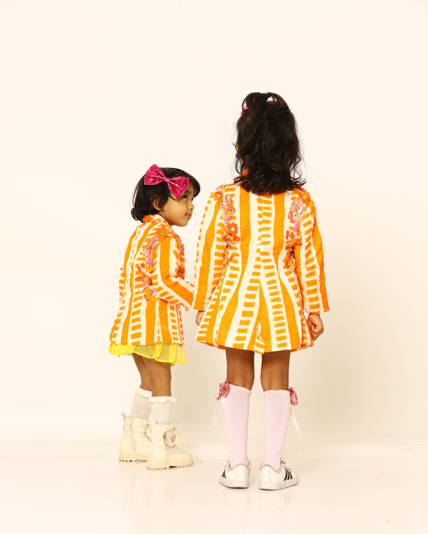 orange + candy + blazer + striped + flowers + pink + striped + skort + bow + socks + shoe + party + cheerful + sister + twinning + back