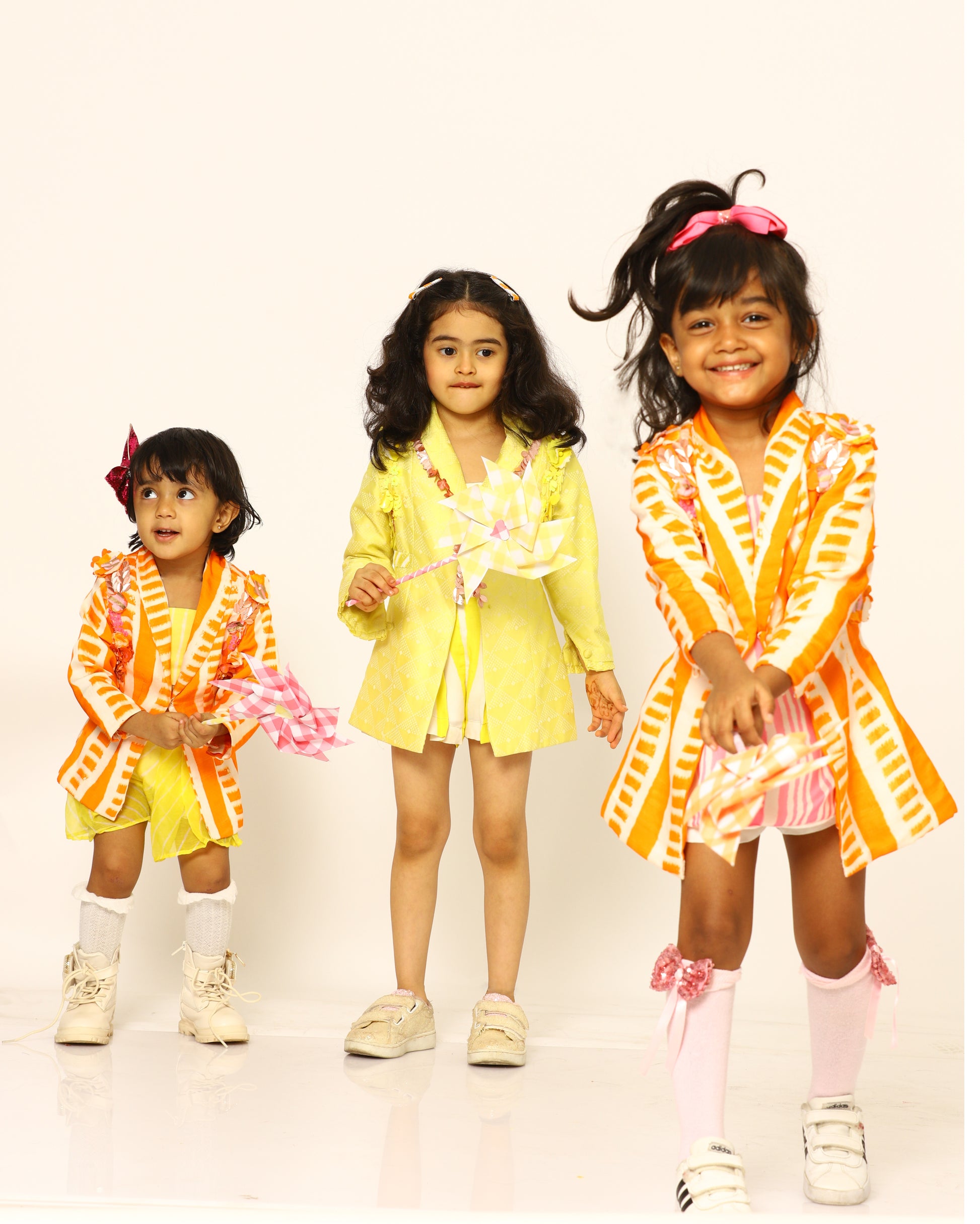 orange + candy + blazer + striped + flowers + yellow + striped + co - ord + bow + socks + shoe + party + cheerful + jump + friends + collab + fun + trio + front