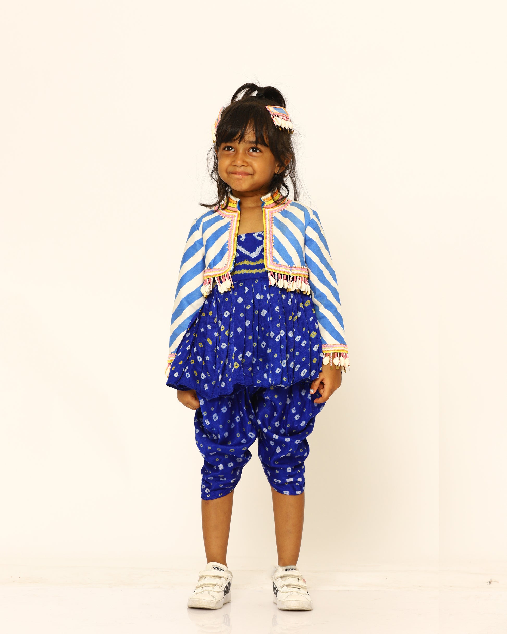 blue + striped + jacket + sea + shells + beads + sequins + clip + shoes + peplum + bandhani + cheerful + fest + vibes + front