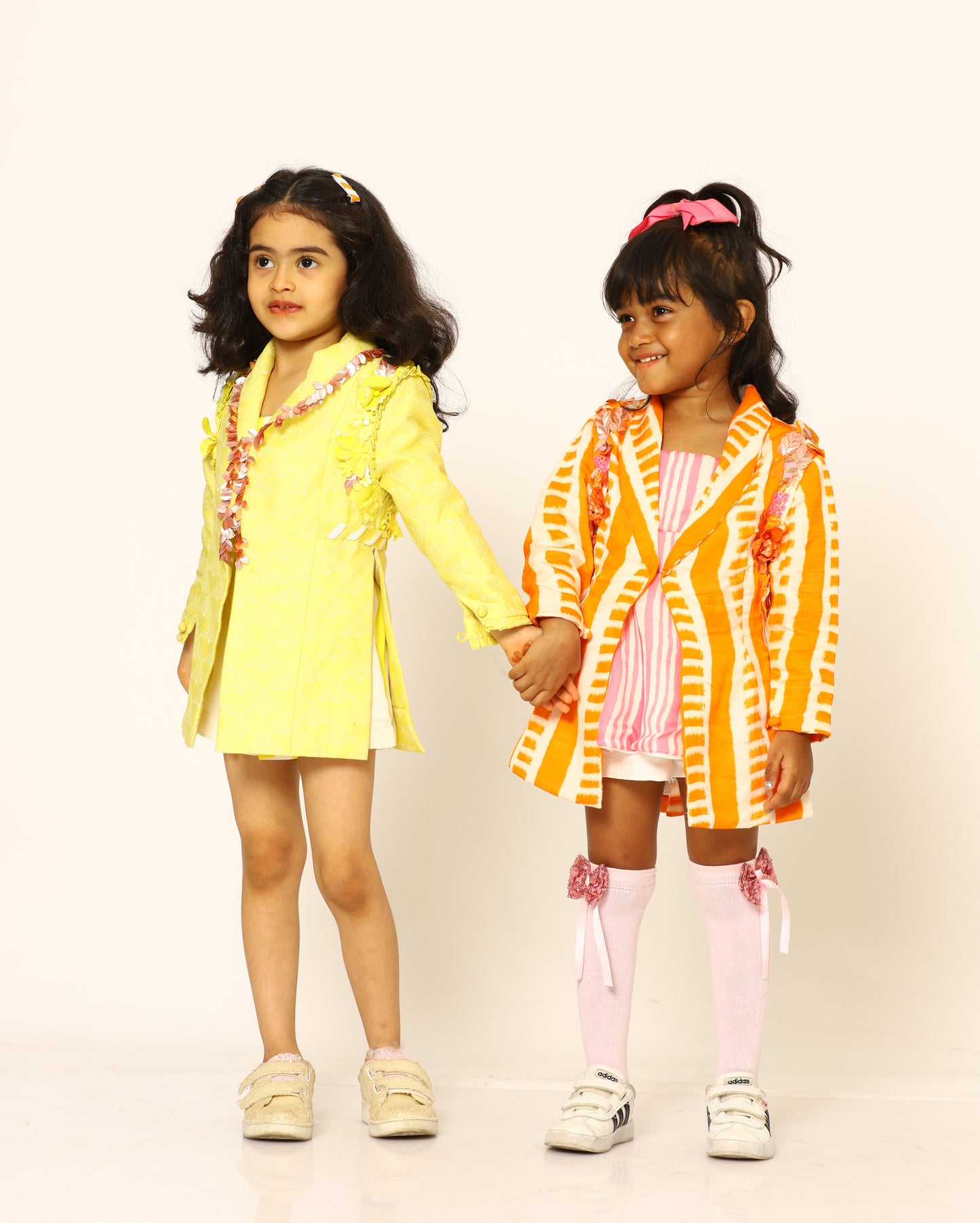 lemon + summer + yellow + blazer + shoes + clips + soft + bossy + flowers + leaves + cheerful + top + shorts + striped + sister + friend + orange + pink + bow + front