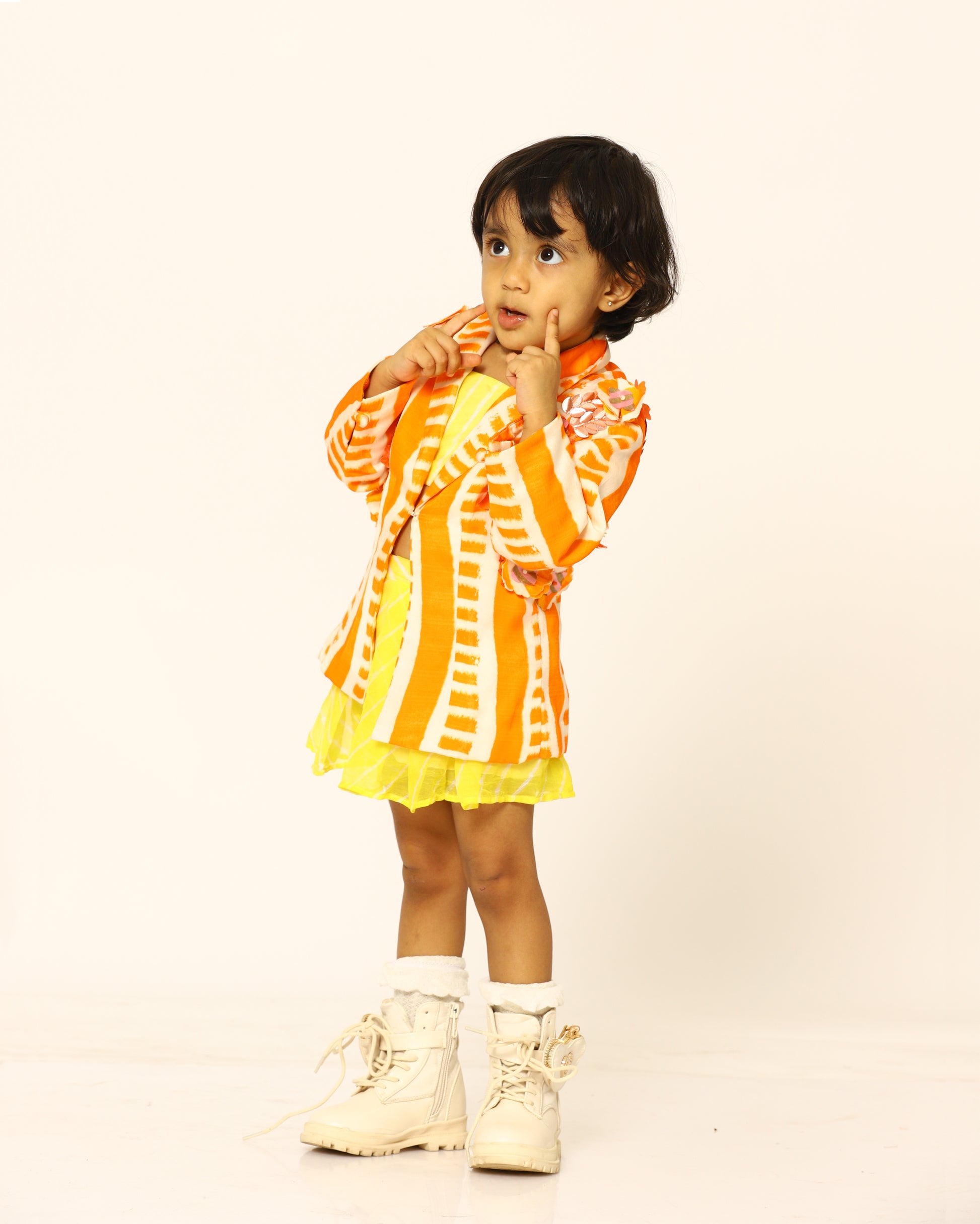 orange + candy + blazer + striped + flowers + yellow + striped + co - ord + bow + socks + shoe + party + cheerful + jump + front