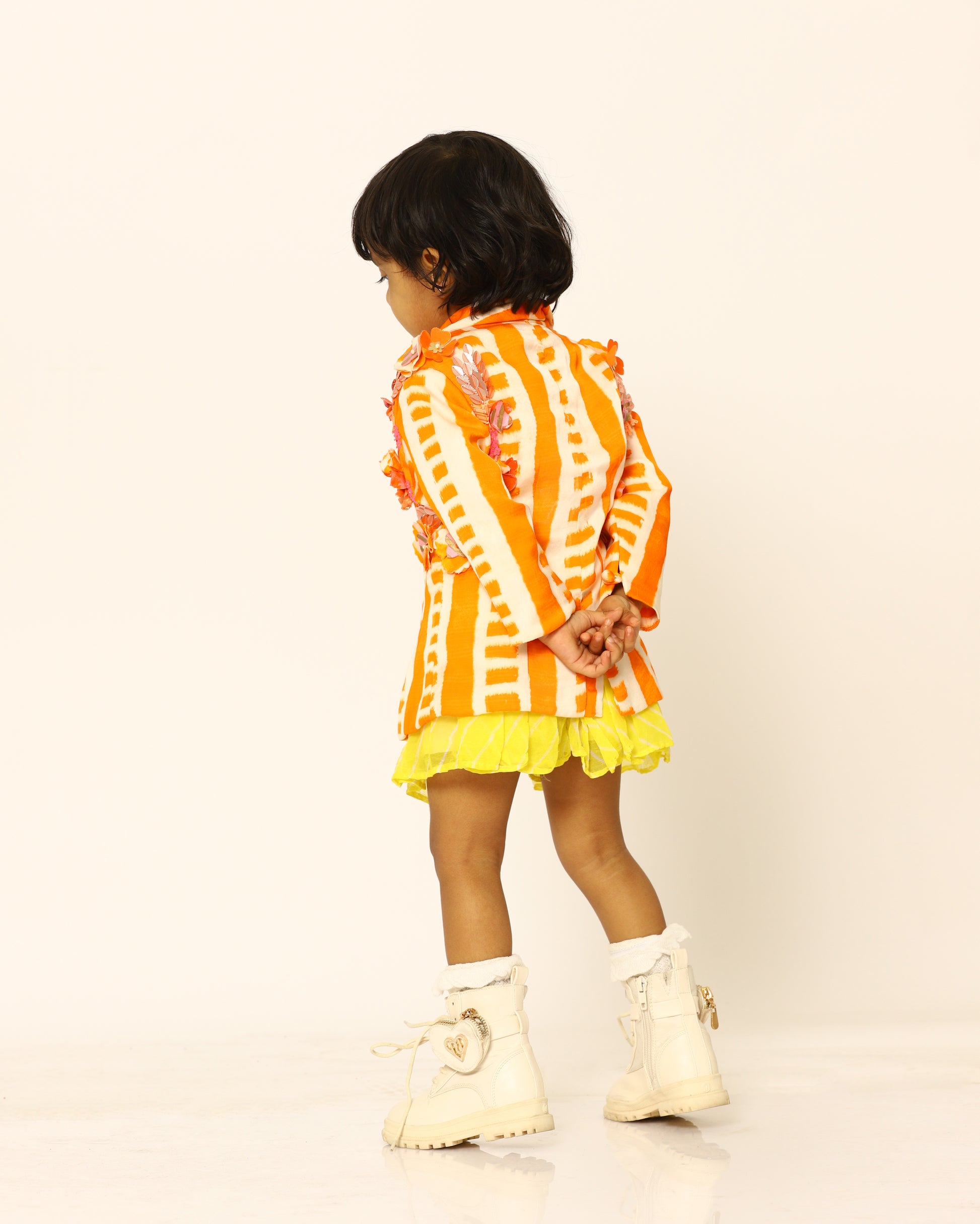 orange + candy + blazer + striped + flowers + yellow + striped + co - ord + bow + socks + shoe + party + cheerful + jump + back